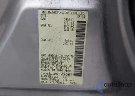 2015 Nissan Altima 2.5 from USA, damaged, VIN 1N4AL3AP8FN325067